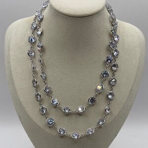 Rhodium Plated Brass Simulated Diamond Bezel Set Station Necklace 96 ctw 30”L